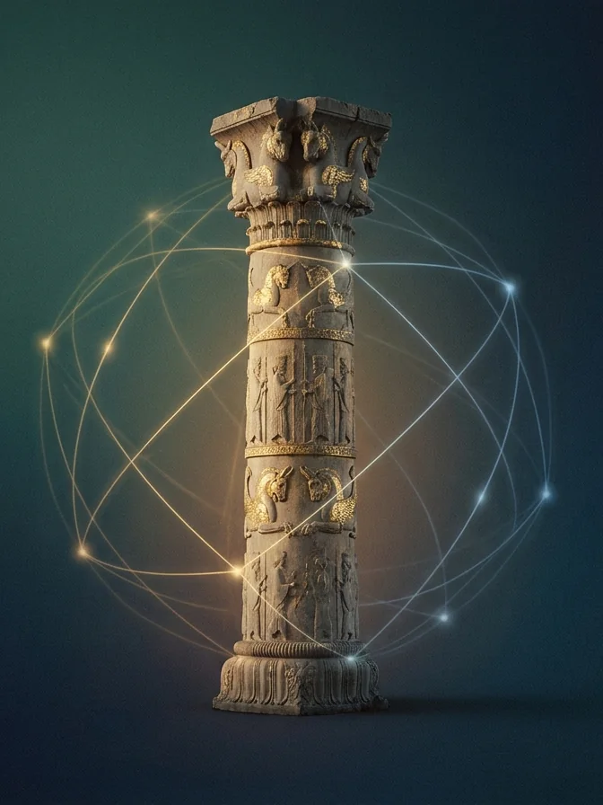Ornate Achaemenid column wrapped in a glowing network of light — a senior team connected across the work