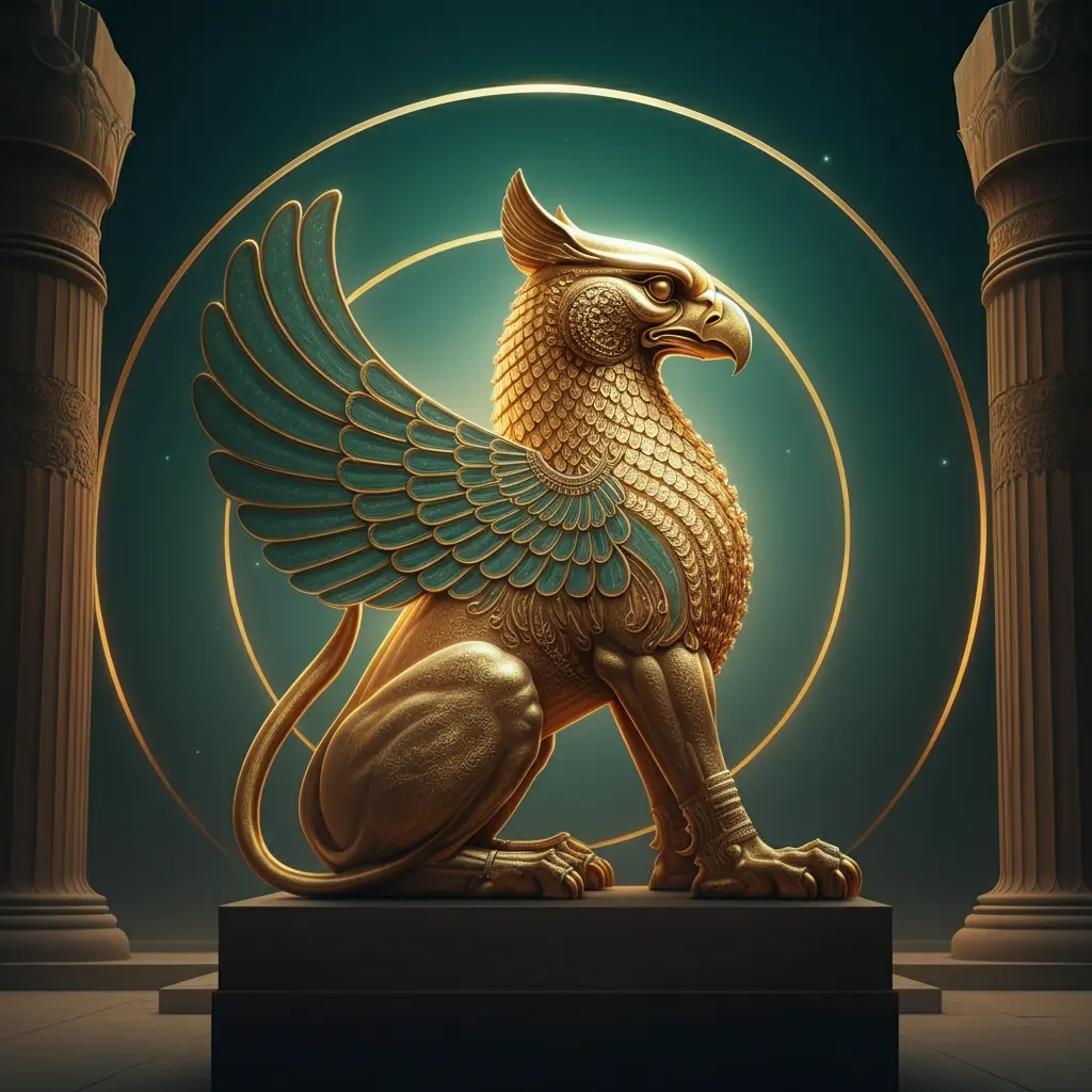 Golden griffin statue between Persian columns — the Angarum Media guardian
