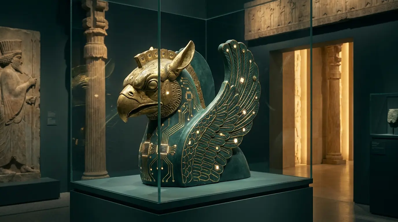 Golden Persian griffin bust with AI circuit traces in a Persepolis museum gallery — AI-generated creative that stays authentic to brand identity