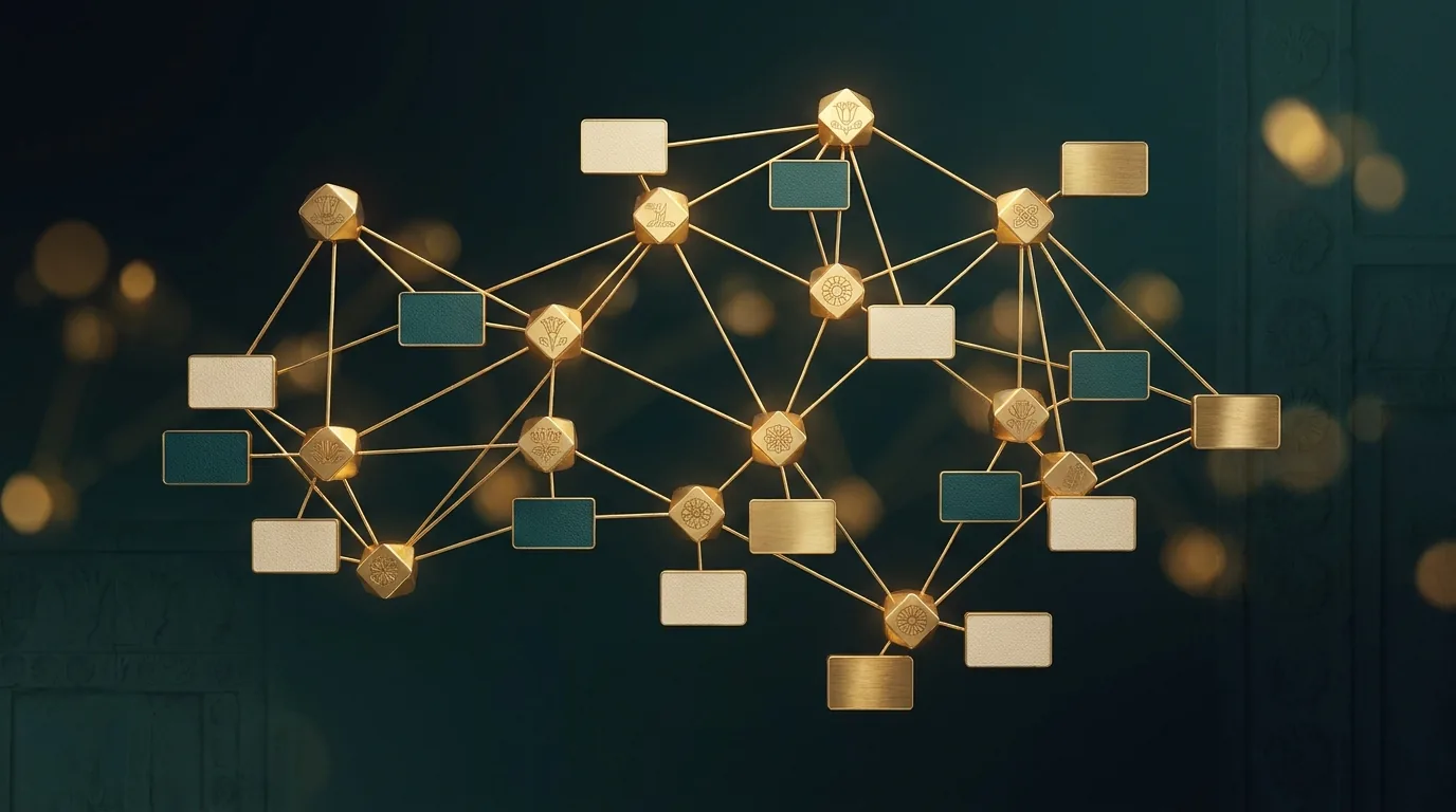 Gold linked nodes forming a pipeline over a dark teal engraved Persian surface — B2B marketing strategy