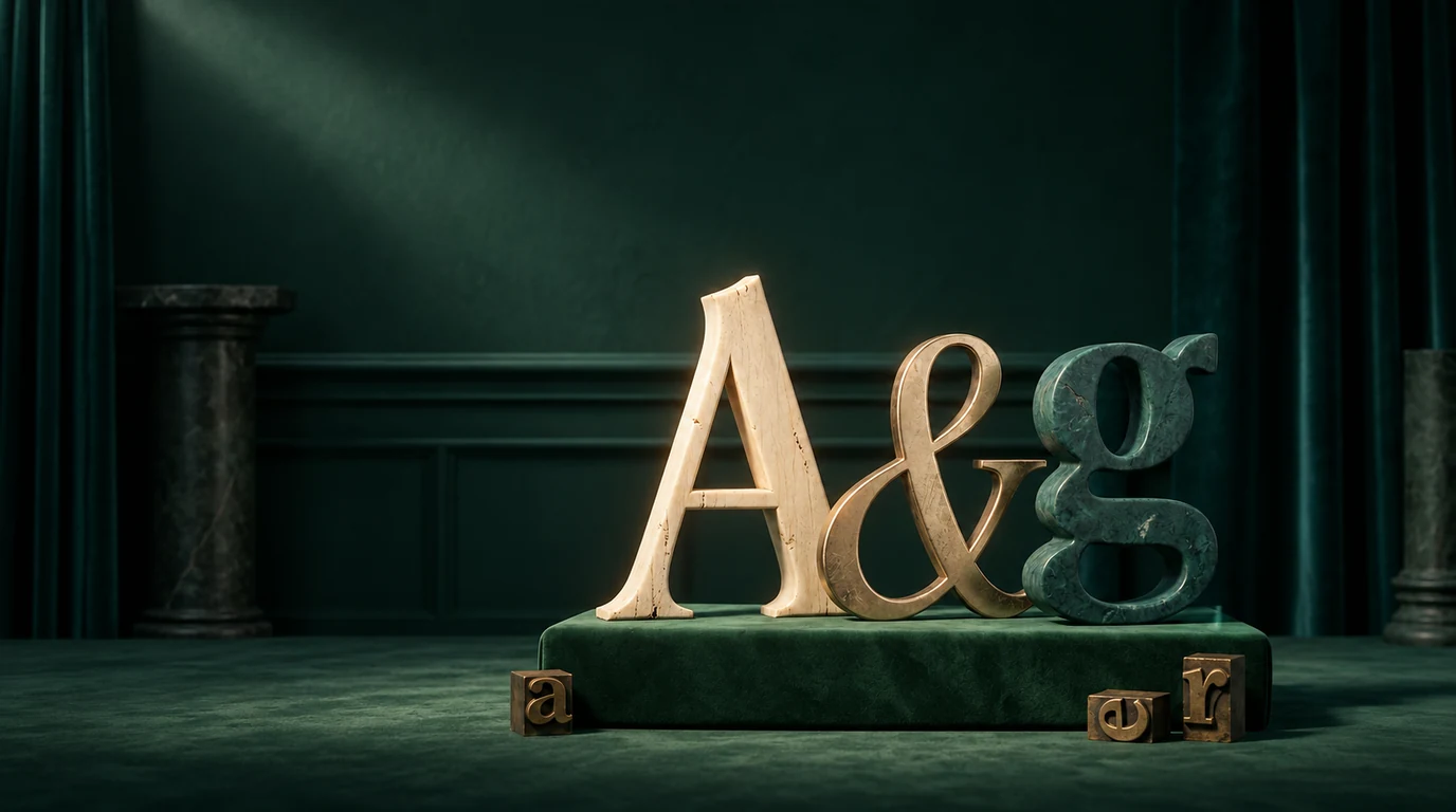 Ivory, brass and oxidized-teal typographic sculptures arranged on an emerald velvet plinth, an illustration for a guide to the best free logo fonts on Google Fonts