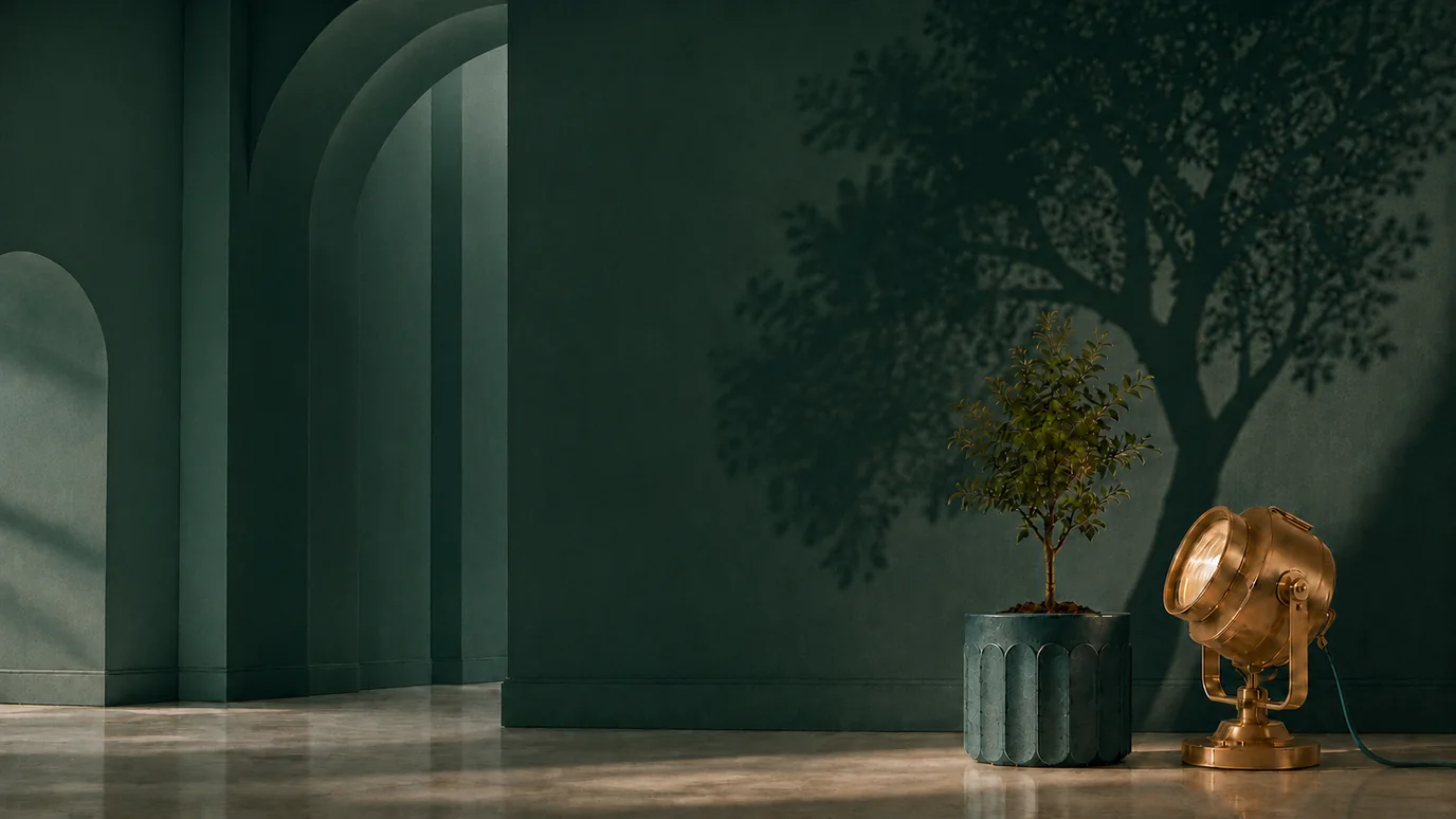 Brand marketing vs performance marketing: a gold spotlight casts a full tree&rsquo;s shadow behind a small sapling on a deep teal wall