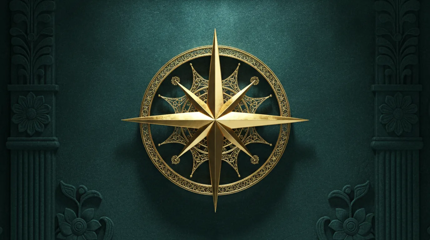 A polished gold compass rose emblem resting on a teal Persepolis relief, symbolizing brand positioning and market direction