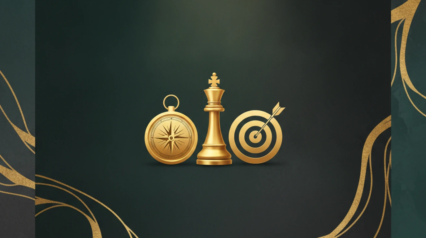 A gold compass and chess king standing apart on a teal Persepolis relief, symbolizing brand positioning in marketing