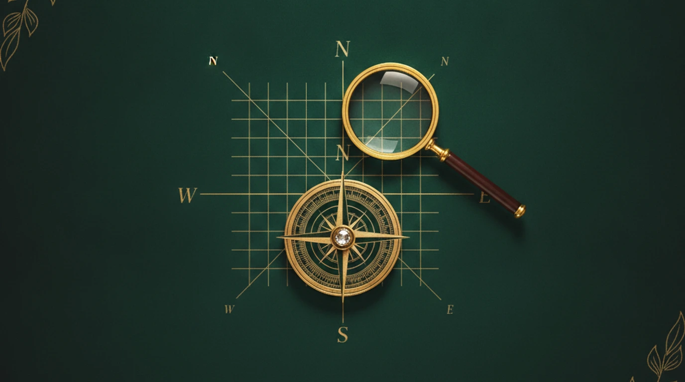 A gold compass rose, an X-Y axis graph and a magnifying glass arranged on a teal Persepolis relief
