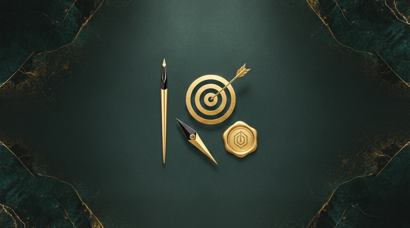 A gold compass needle pointing toward a single gold star, set on a teal Persepolis relief