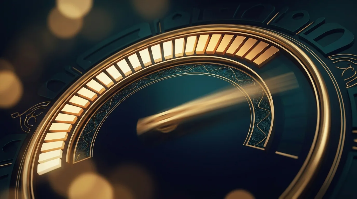 Gold speedometer and performance bars glowing over a dark teal engraved Persian panel — Core Web Vitals site speed