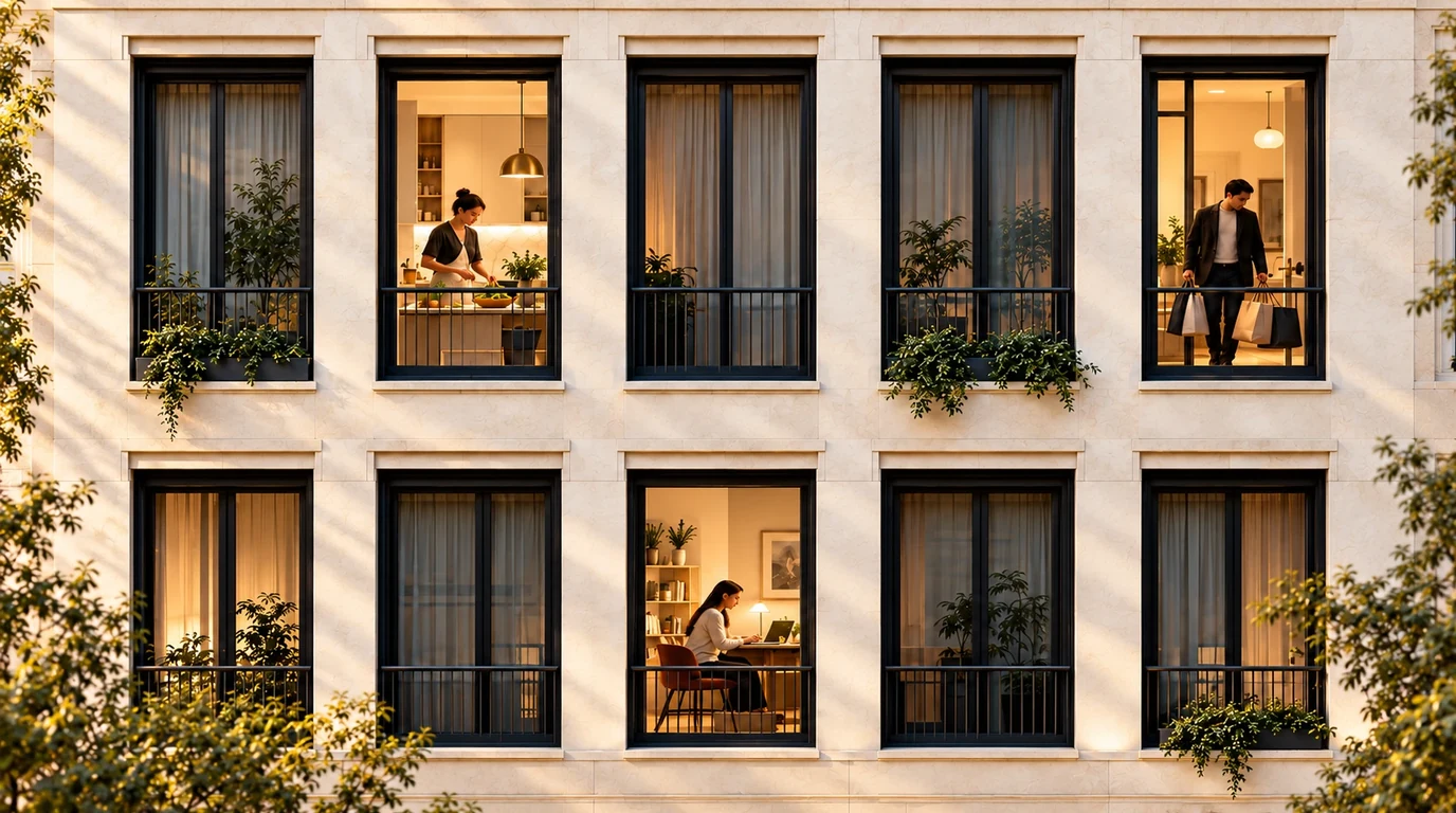 An apartment building at golden hour where each lit window shows one person at home: cooking, working at a desk, arriving with shopping bags