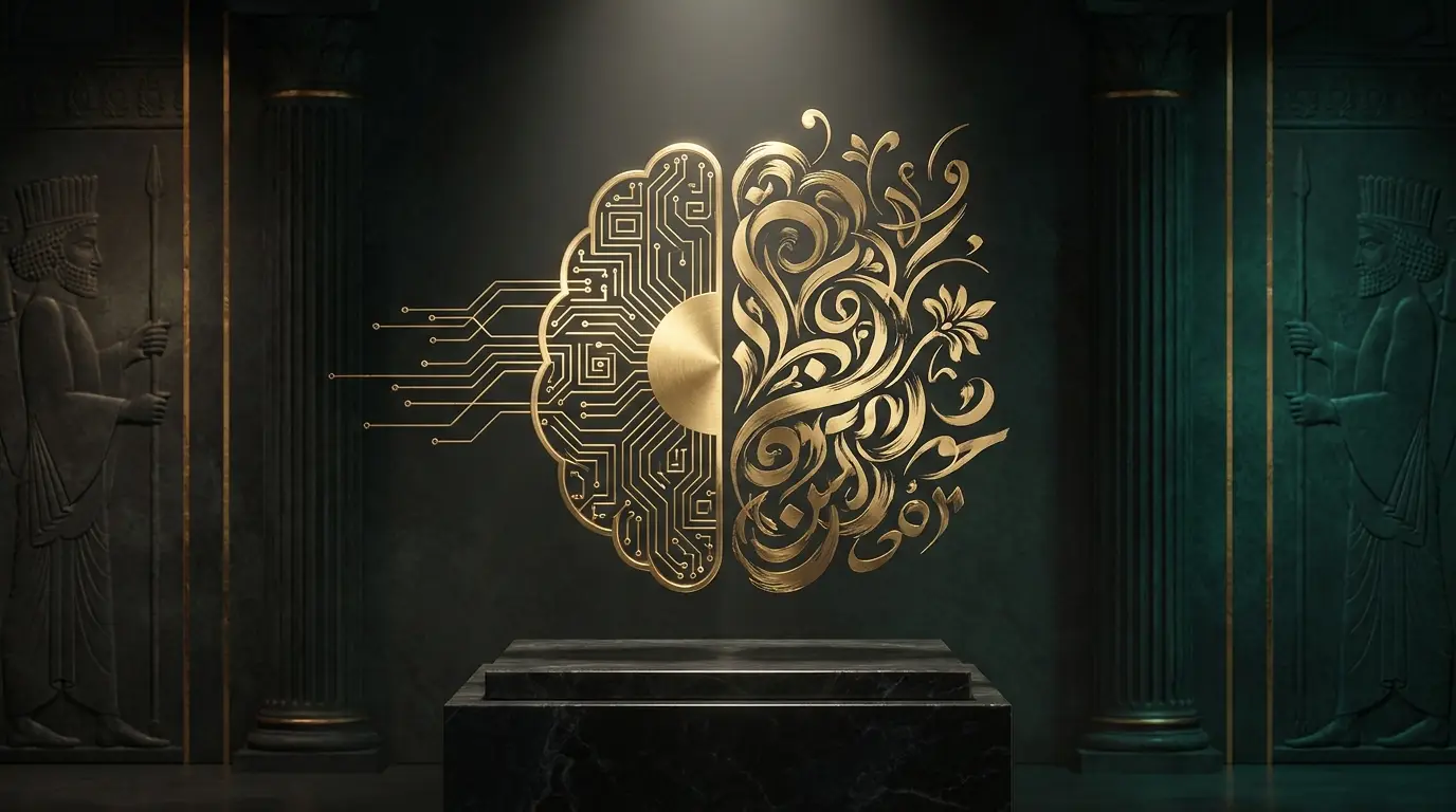 Golden brain split between flowing data lines and an artistic flourish — data-driven creativity balancing analytics and emotion