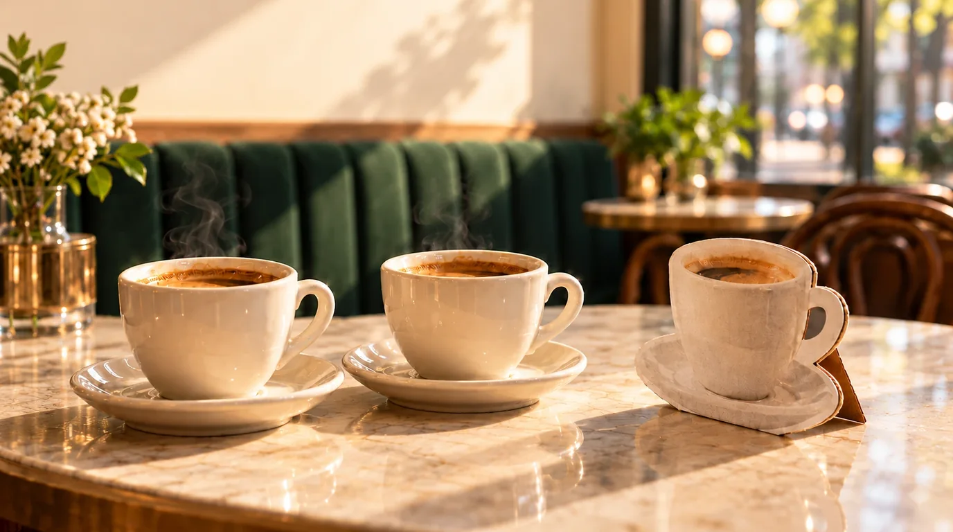 Two real coffee cups on a sunlit cafe table beside a flat cardboard cut-out of a third cup, the decoy