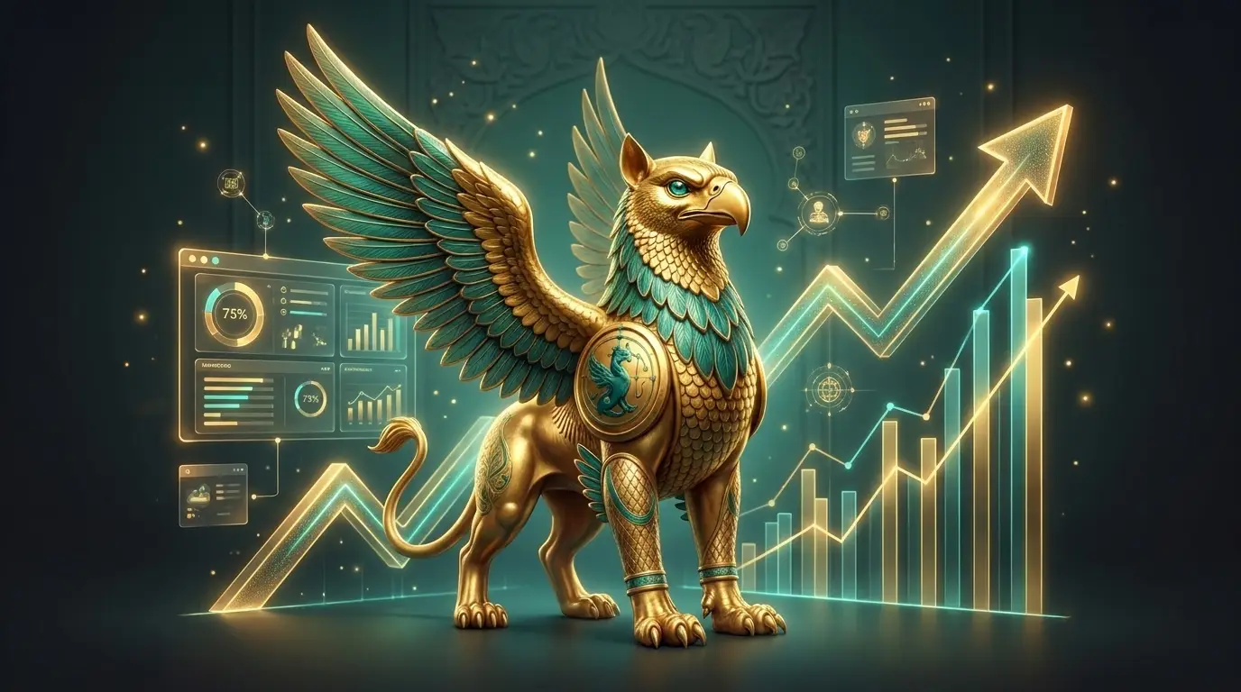 Golden Persian griffin with marketing dashboards and a rising growth arrow — top digital marketing trends for 2026