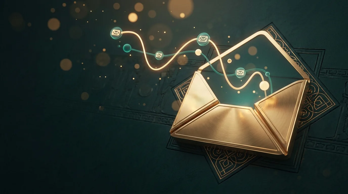 Gold envelope and open-rate chart over a dark teal engraved Persian surface — email marketing tips