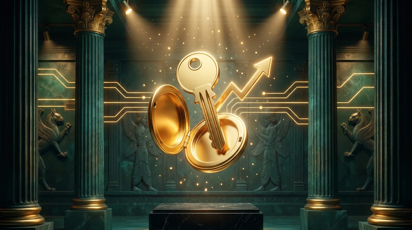 A polished gold house key resting on a teal Persepolis relief, symbolizing Facebook ads unlocking real estate leads