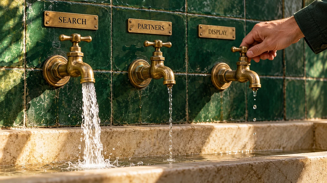 Three brass taps labelled Search, Partners and Display on a green tiled wall, with Search flowing fully, Partners trickling and a hand turning Display down to a drip