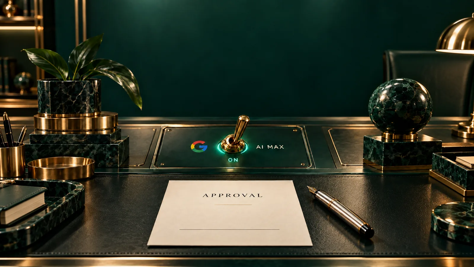 A brass toggle switch flipped on between a Google logo and AI MAX on a dark green and gold executive desk, beside an approval document and fountain pen, representing enabling Google Ads AI Max for Search