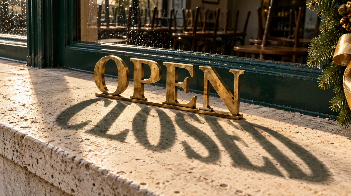 A brass OPEN sign on a cafe window ledge casting a long shadow that reads CLOSED, with chairs stacked inside and holiday greenery at the edge