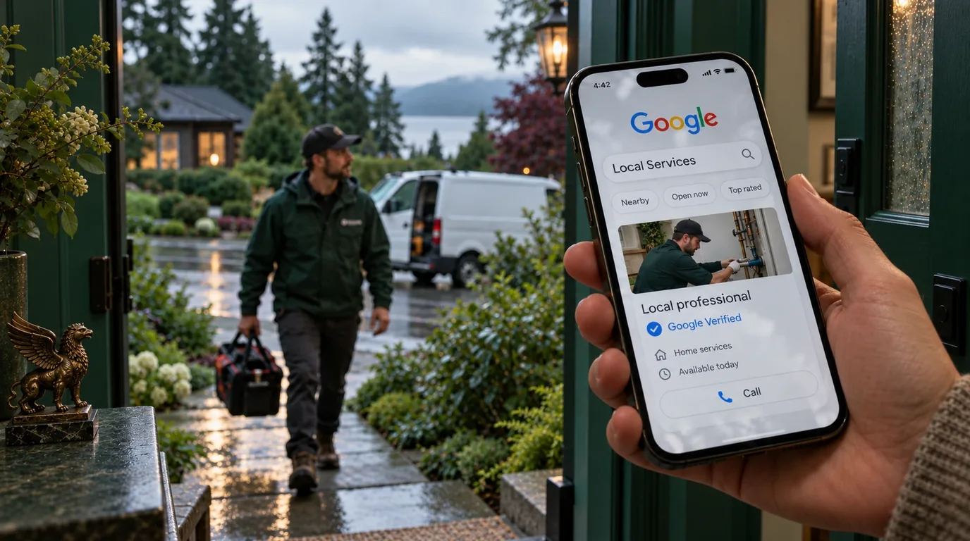 A homeowner holding a phone with a Google Verified local service listing and a Call button, as a technician walks up the path with his tool bag