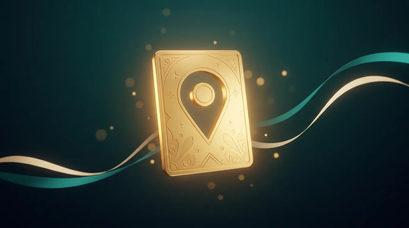 Stylized gold map with a glowing pin at the center over a dark teal Persian-engraved backdrop — Google Maps marketing