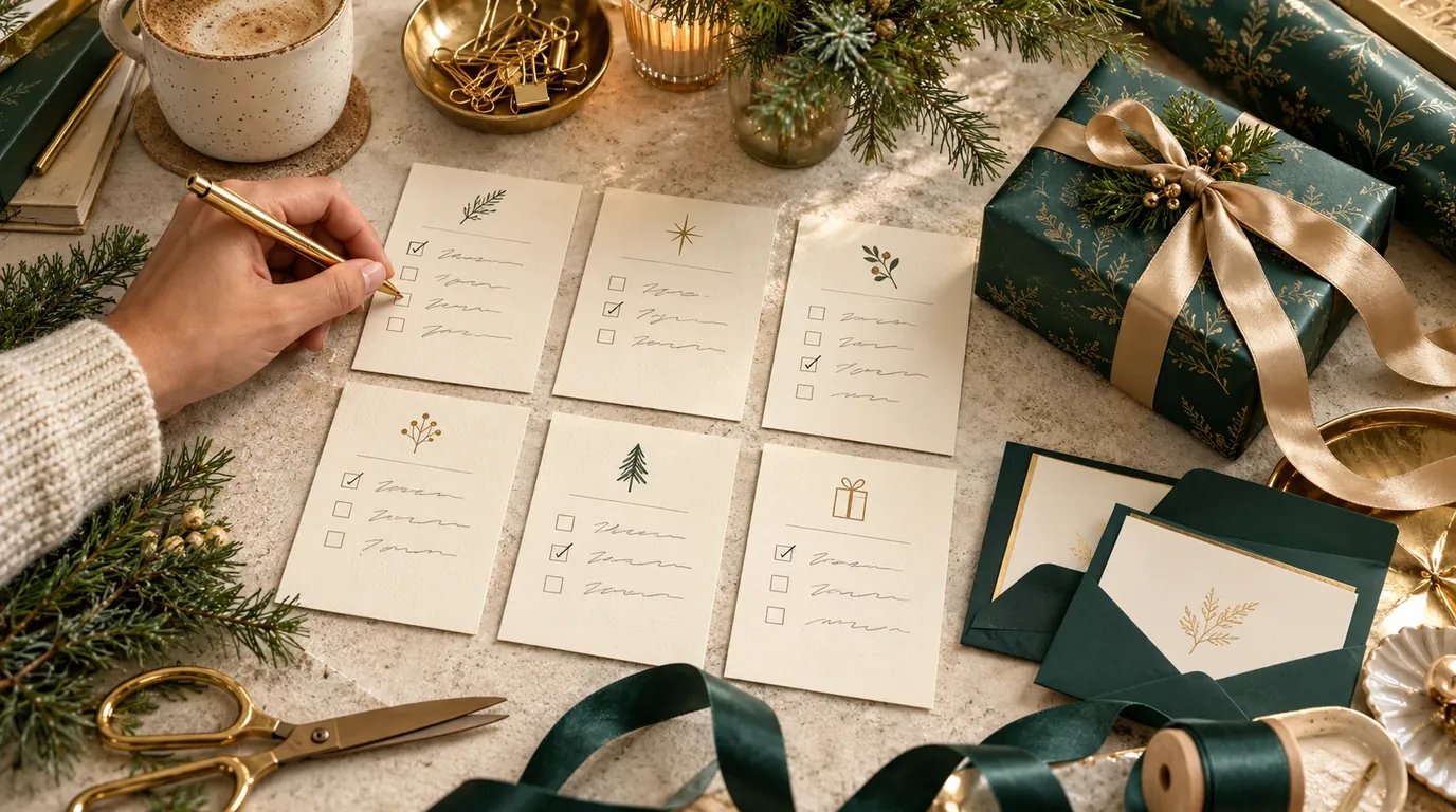 A hand ticking off six holiday planning cards on a stone desk beside a green and gold wrapped gift, pine sprigs and ribbon