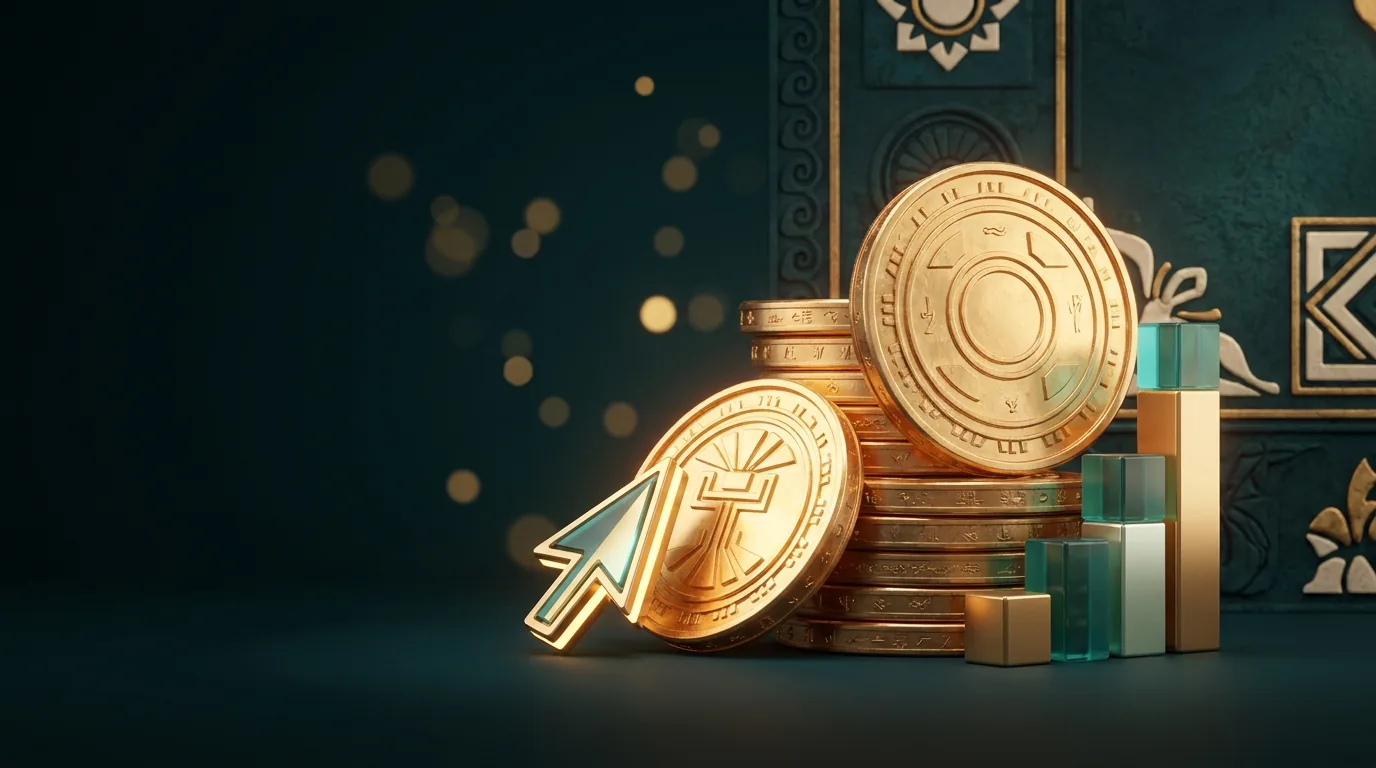 Gold coins beside a click cursor and chart over a dark teal engraved Persian backdrop — how much Google Ads cost