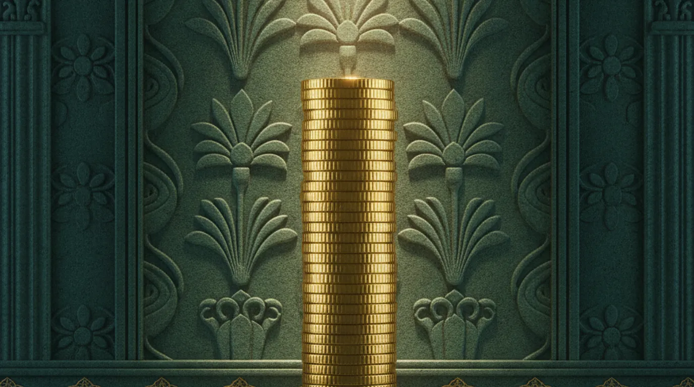 A polished gold compass balanced on a stack of gold coins, set against a teal Persepolis relief, symbolizing how to navigate advertising costs