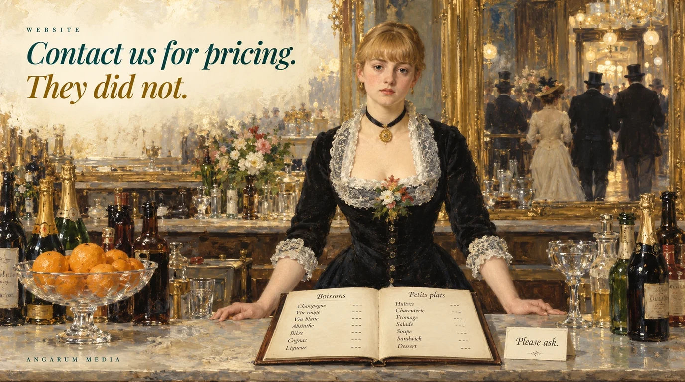 A painted Belle Epoque bar where a barmaid stands behind a menu with no prices and a card reading Please ask, under the headline Contact us for pricing. They did not.