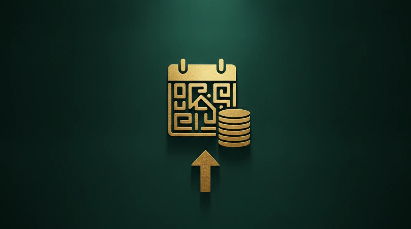 A single gold coin stack beside an upward arrow on a teal Persepolis relief, symbolizing monthly marketing cost and growth