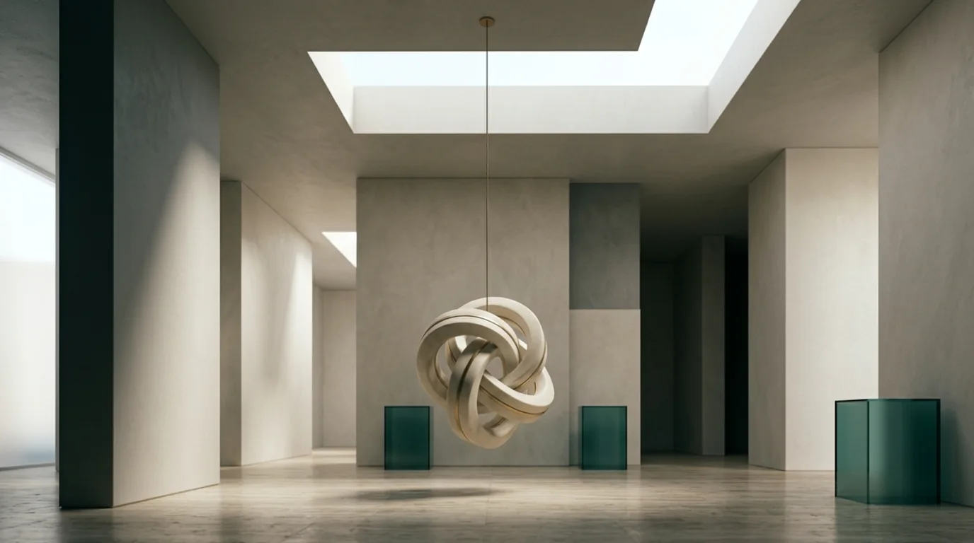 A cream knotted sculpture suspended in a bright minimalist gallery with teal glass plinths, evoking OpenAI Ads Manager and advertising on ChatGPT