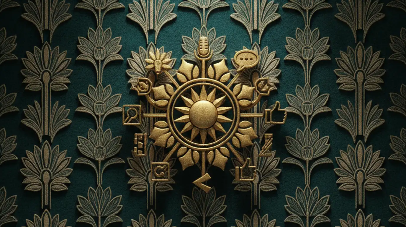 A polished gold wax seal stamped onto a teal Persepolis relief, symbolizing a consistent brand identity built across social media