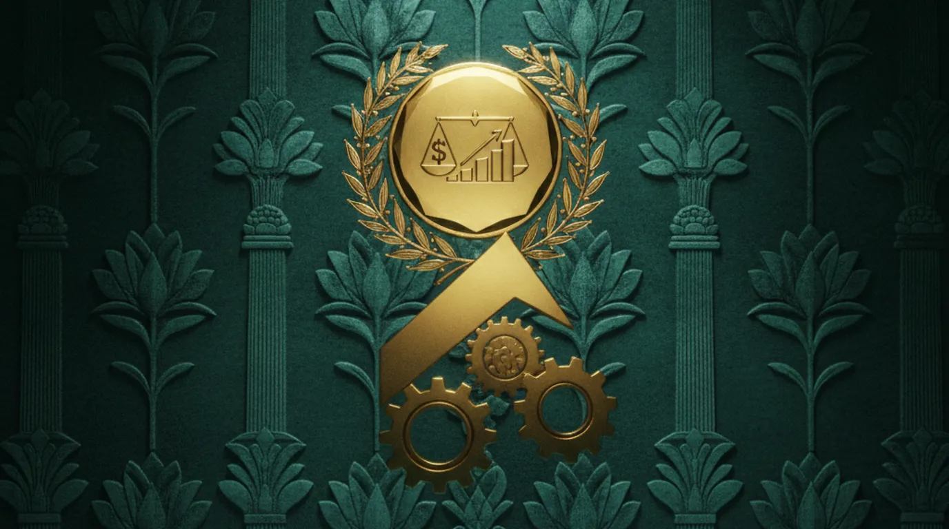 A polished gold balance scale weighing a coin against a rising bar chart, set on a teal Persepolis stone relief, symbolizing marketing ROI calculation