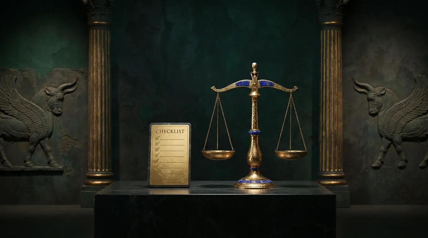 Golden balance scale and checklist over a Persian relief — choosing a digital marketing agency in Canada