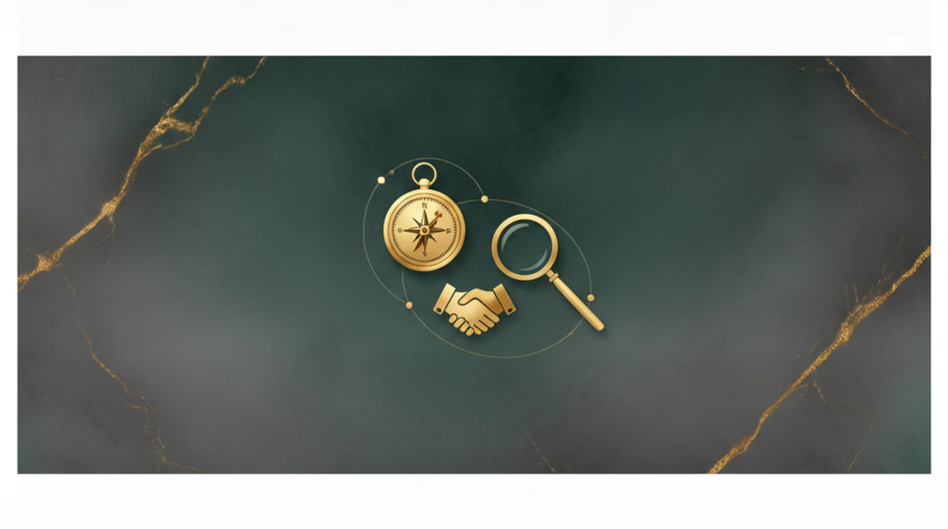 A gold compass, a magnifying glass and a handshake icon arranged on a teal Persepolis relief, symbolizing how to choose the right marketing agency.