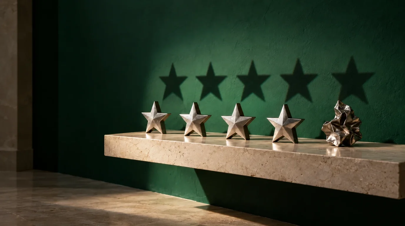 Four polished metal stars on a stone shelf beside a crumpled fifth one, casting five star shadows on a green wall