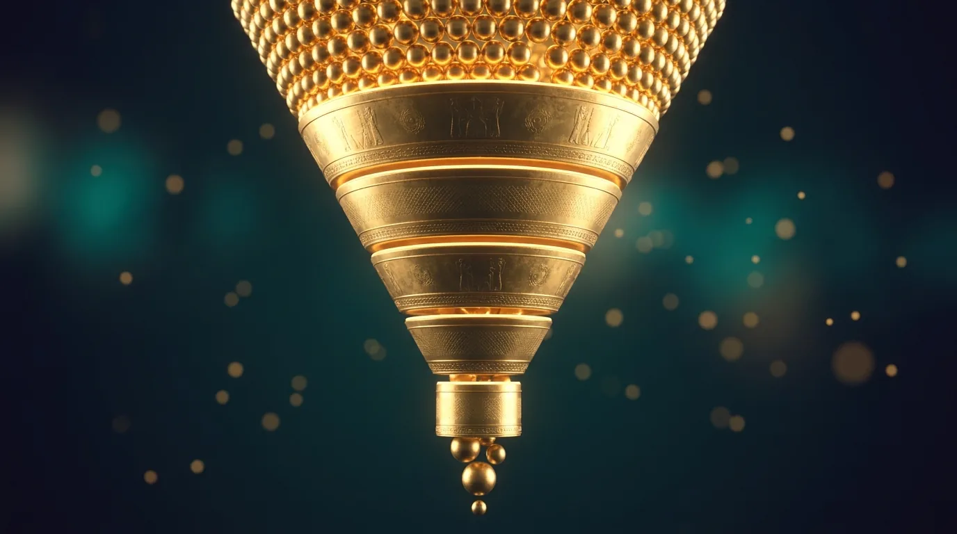 Gold balance of spend and return with a chart over a dark teal engraved Persian surface — measuring marketing ROI