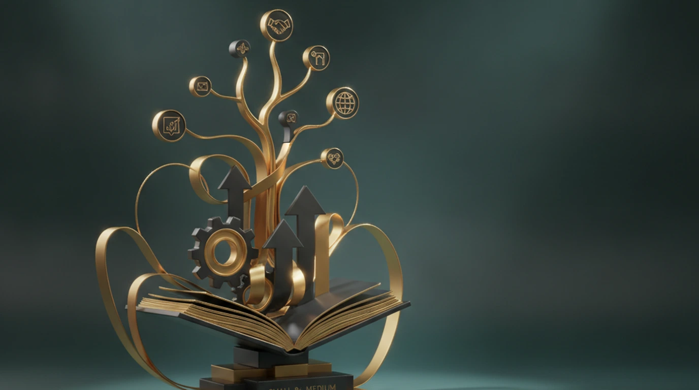 A polished gold quill resting on an open ledger, carved into a teal Persepolis relief, symbolizing the founding and structuring of a marketing agency