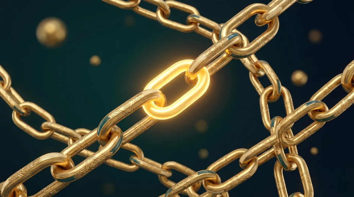 Interlocking gold chain links glowing over a dark teal engraved Persian surface — link building strategies