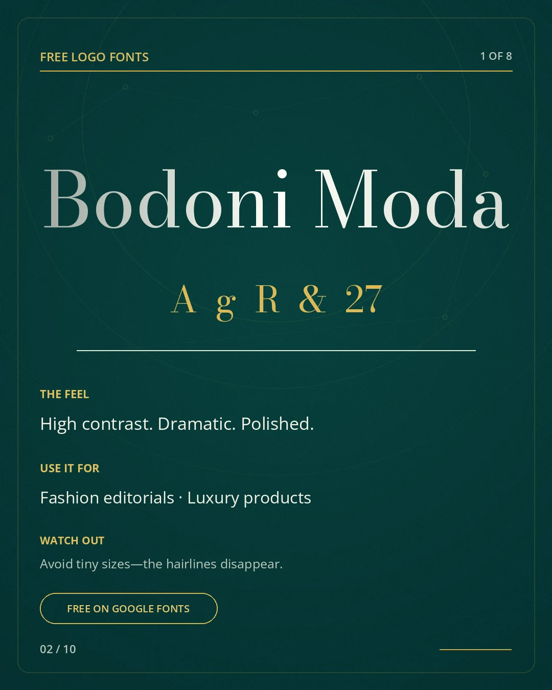 Bodoni Moda type specimen, a free logo font on Google Fonts