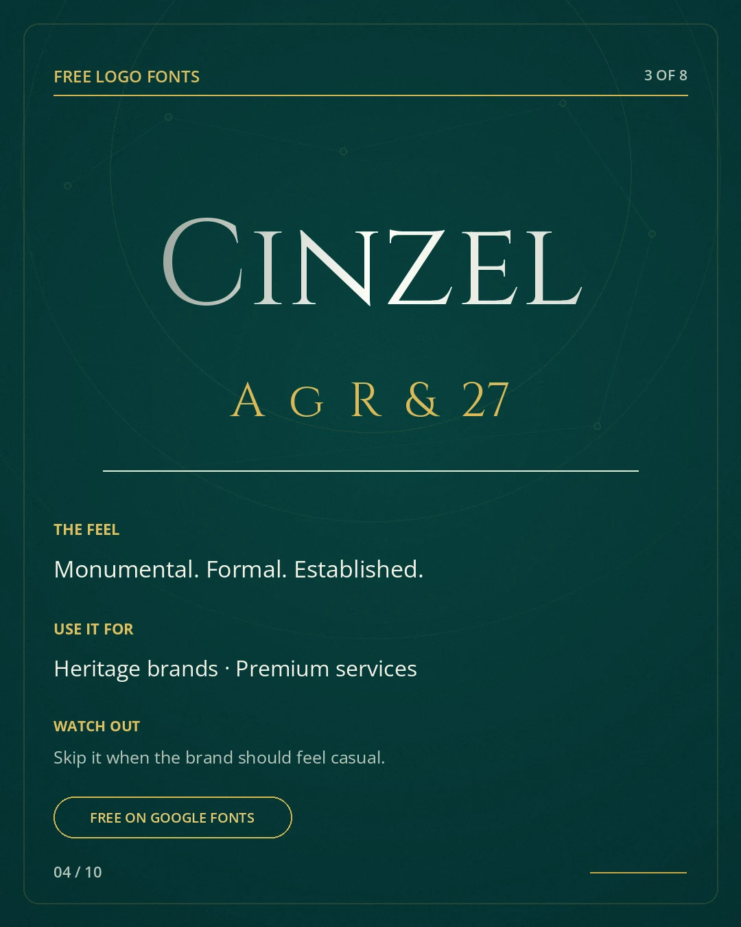 Cinzel type specimen, a free logo font on Google Fonts