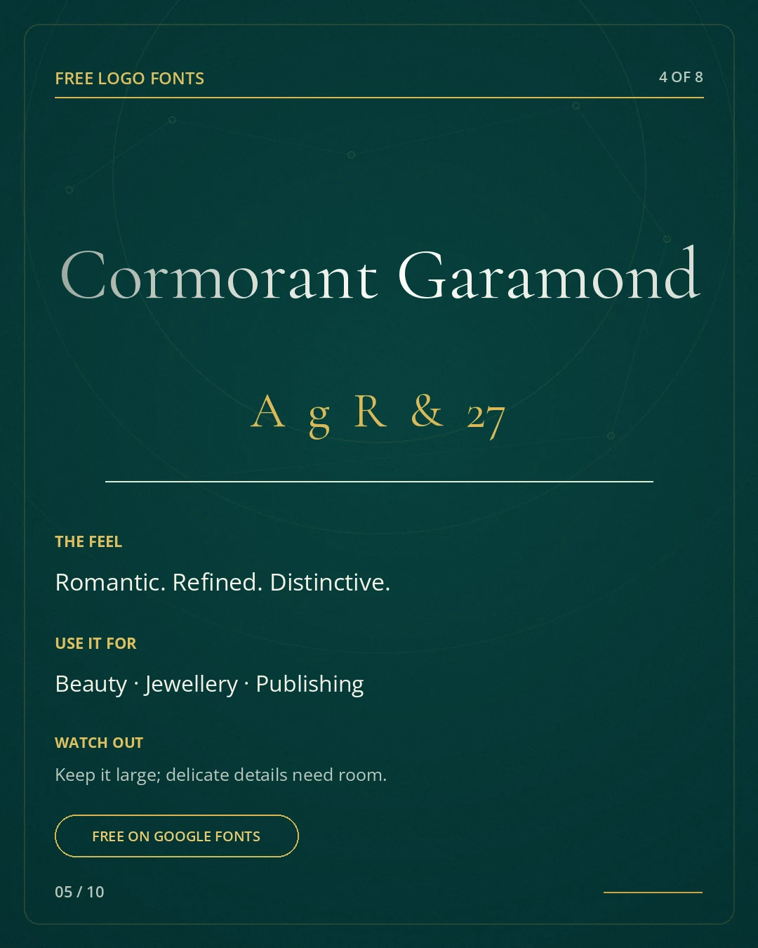 Cormorant Garamond type specimen, a free logo font on Google Fonts