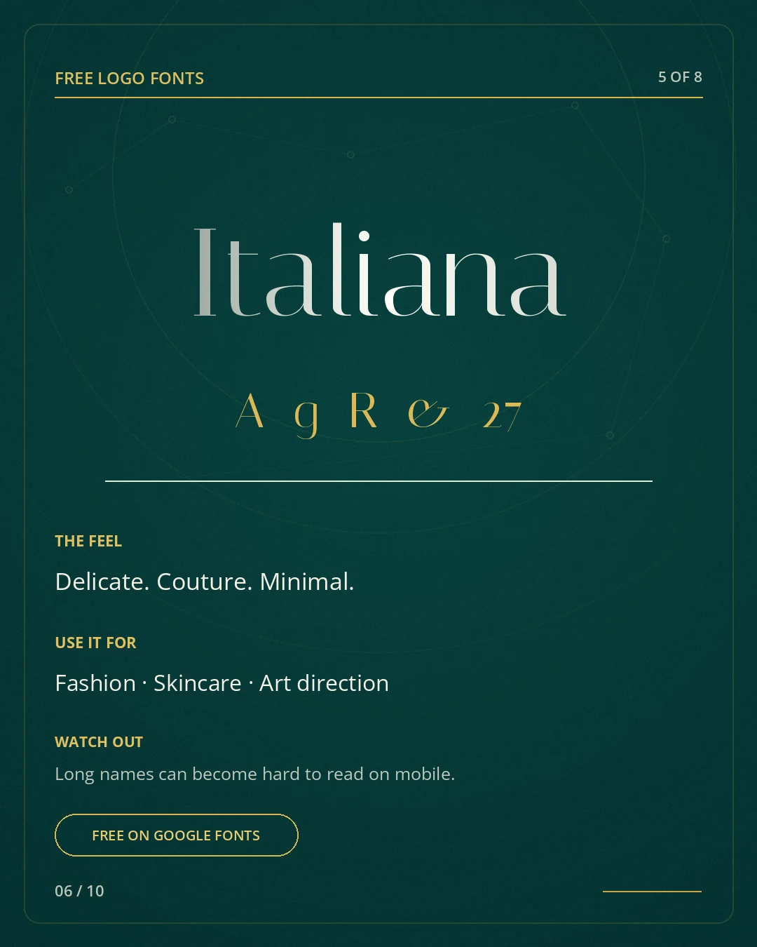 Italiana type specimen, a free logo font on Google Fonts