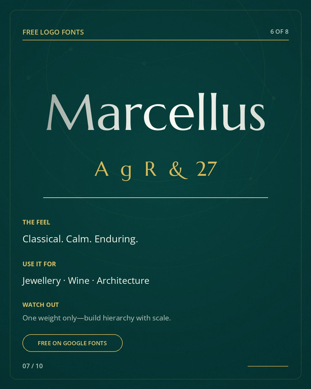 Marcellus type specimen, a free logo font on Google Fonts
