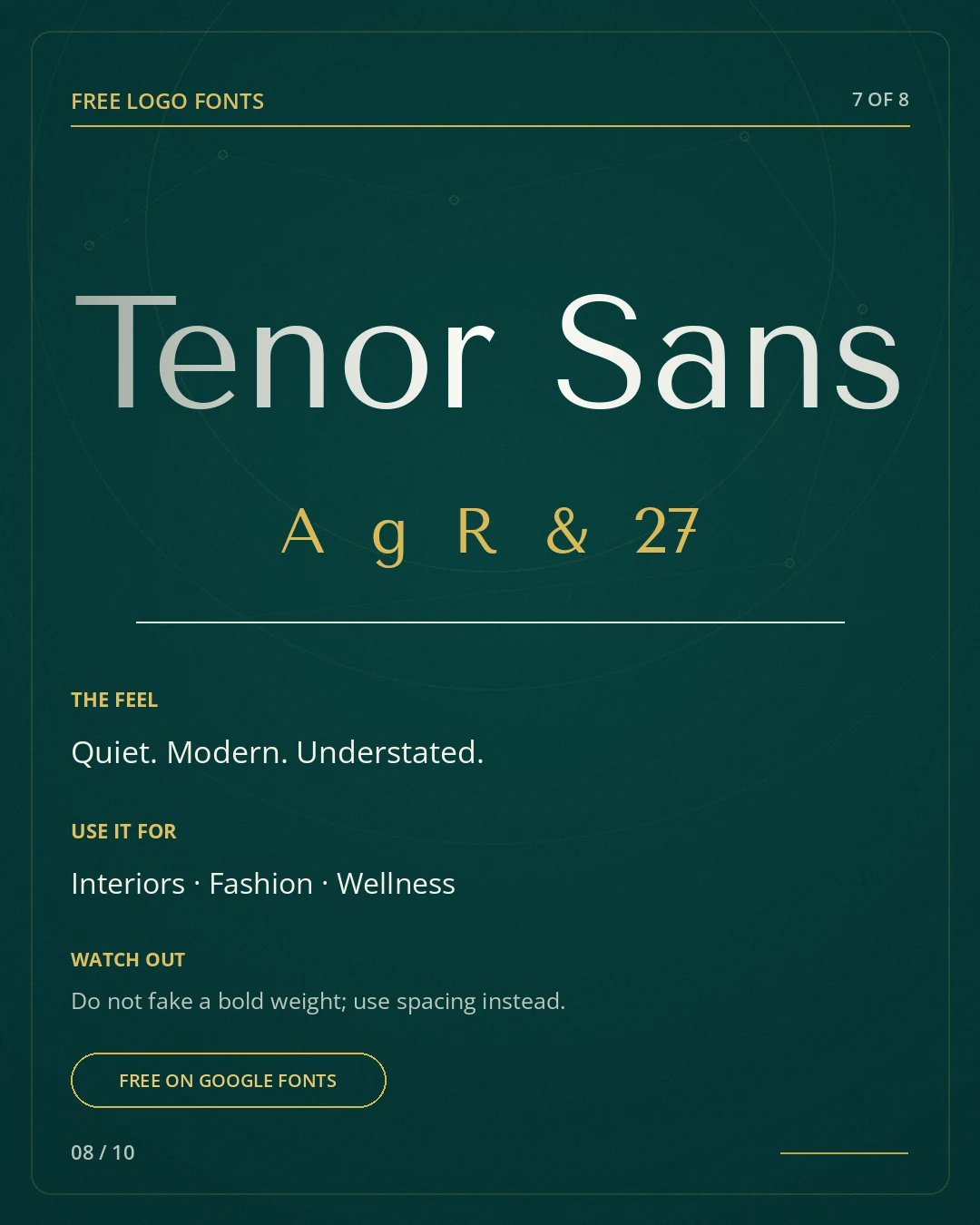 Tenor Sans type specimen, a free logo font on Google Fonts