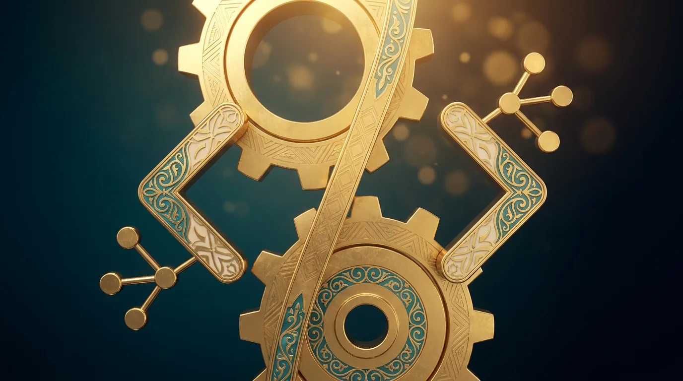 Gold connected gears and flow arrows over a dark teal engraved Persian surface — marketing automation