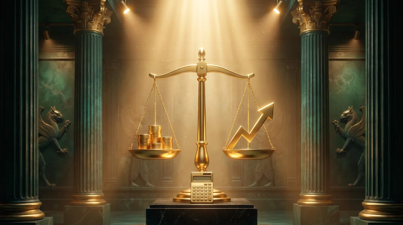 A gold balance scale weighing coins against an upward arrow on a teal Persepolis relief, symbolizing marketing cost for small business