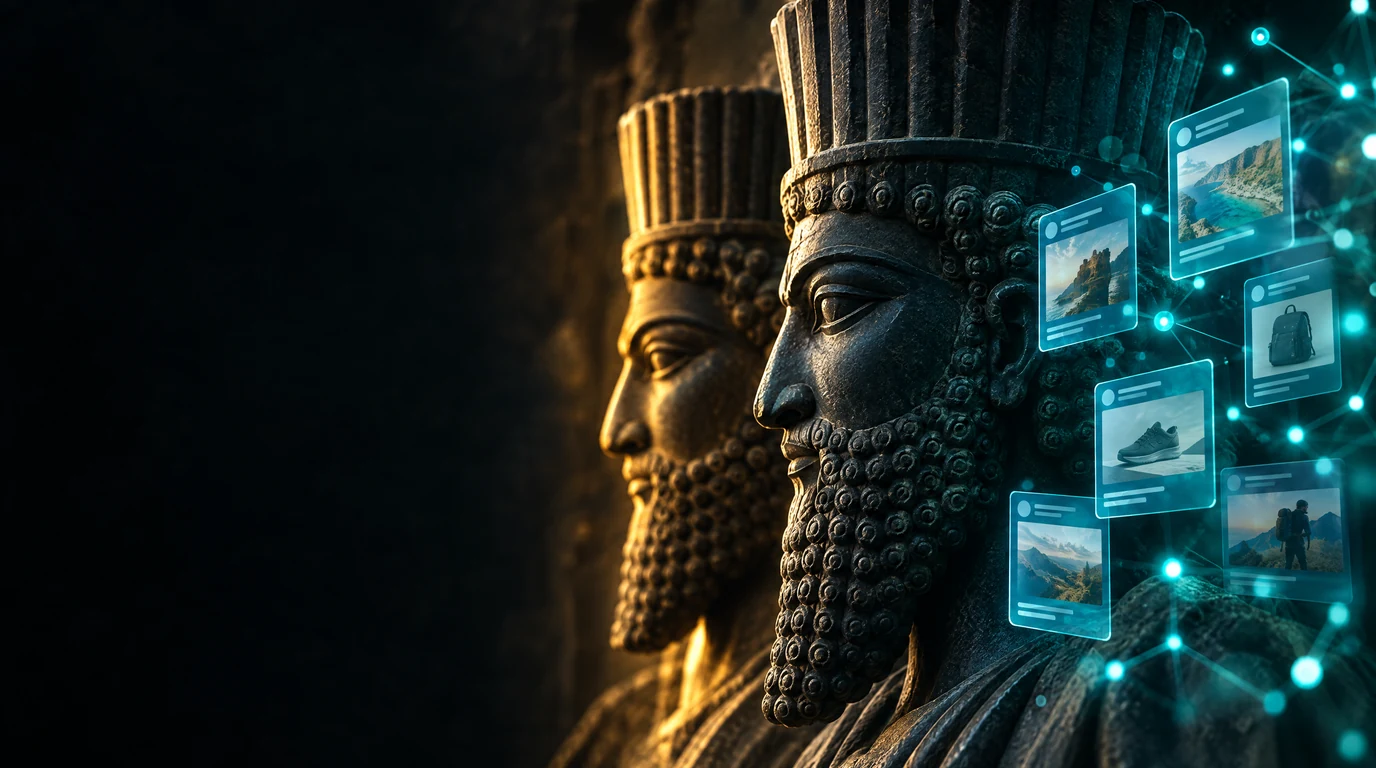 Two Persepolis stone reliefs of Achaemenid guards in profile, one lit in warm gold and one in teal light from floating holographic ad cards, for a guide to Meta Muse for small business