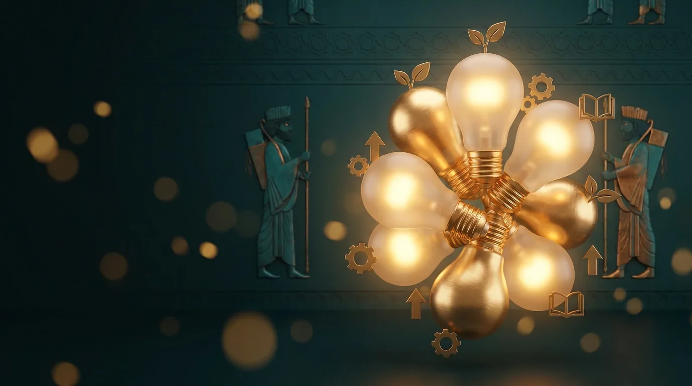 Gold filter funnel separating clicks over a dark teal engraved Persian backdrop — negative keywords cut wasted spend