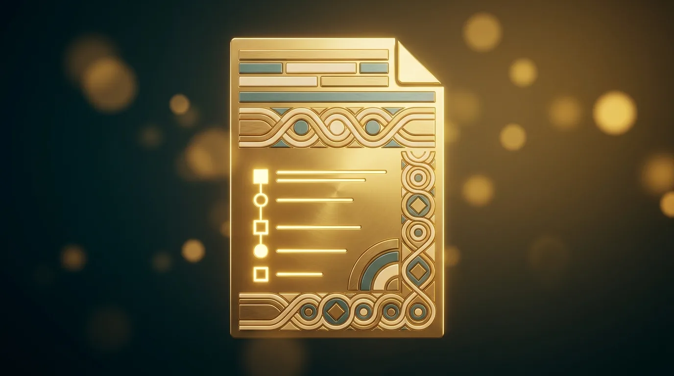 Gold checklist and document icons arranged over a dark teal engraved Persian panel — on-page SEO checklist
