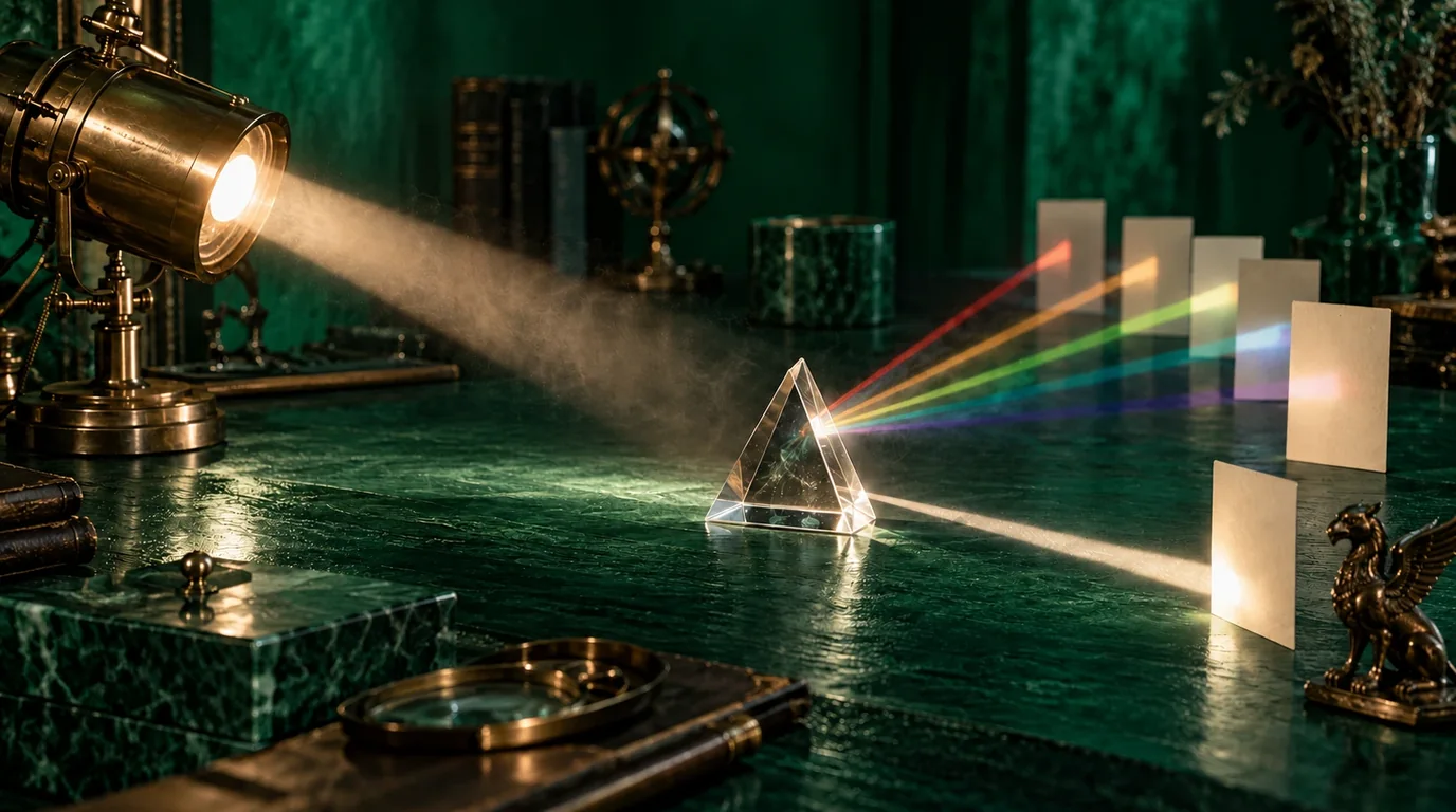 A single beam of light passing through a glass prism and splitting into separate coloured beams, a picture of one Google Ads budget spread across many channels