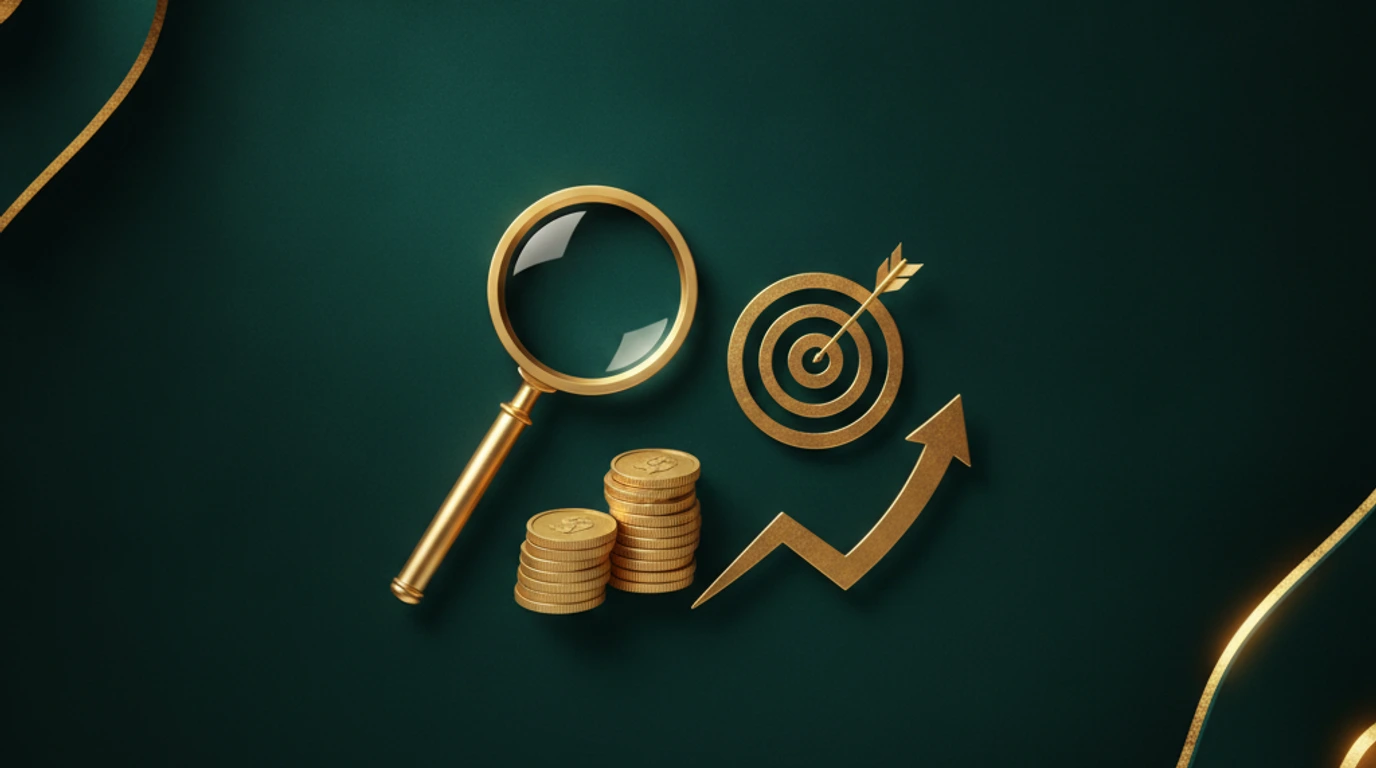A single gold magnifying glass hovering over a gold coin stack on a teal Persepolis relief, symbolizing precision-targeted PPC spend for small business
