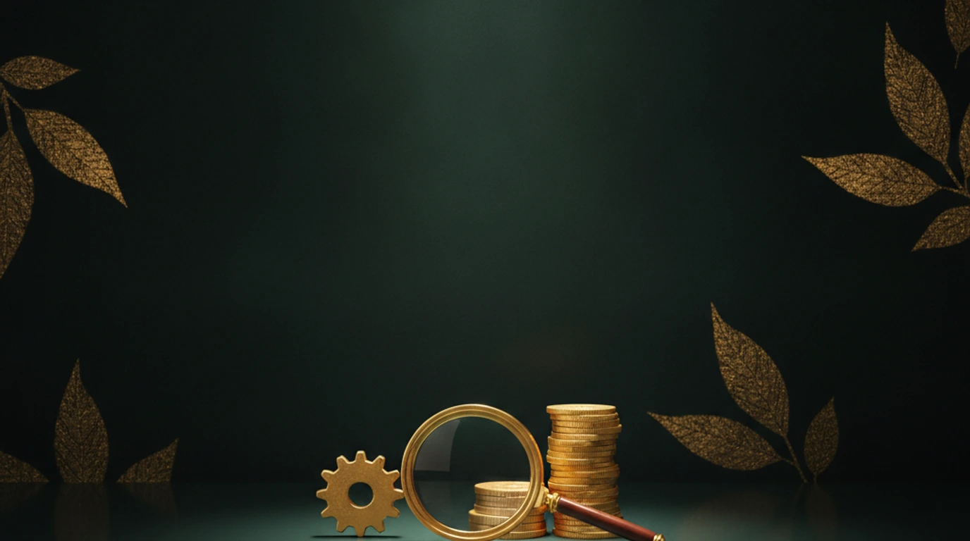 A gold gear, magnifying glass and ascending coin stack on a teal Persepolis relief, symbolizing disciplined PPC management for small business